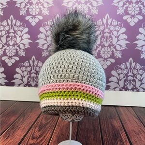 Crochet Gray Beanie with Pom Pom